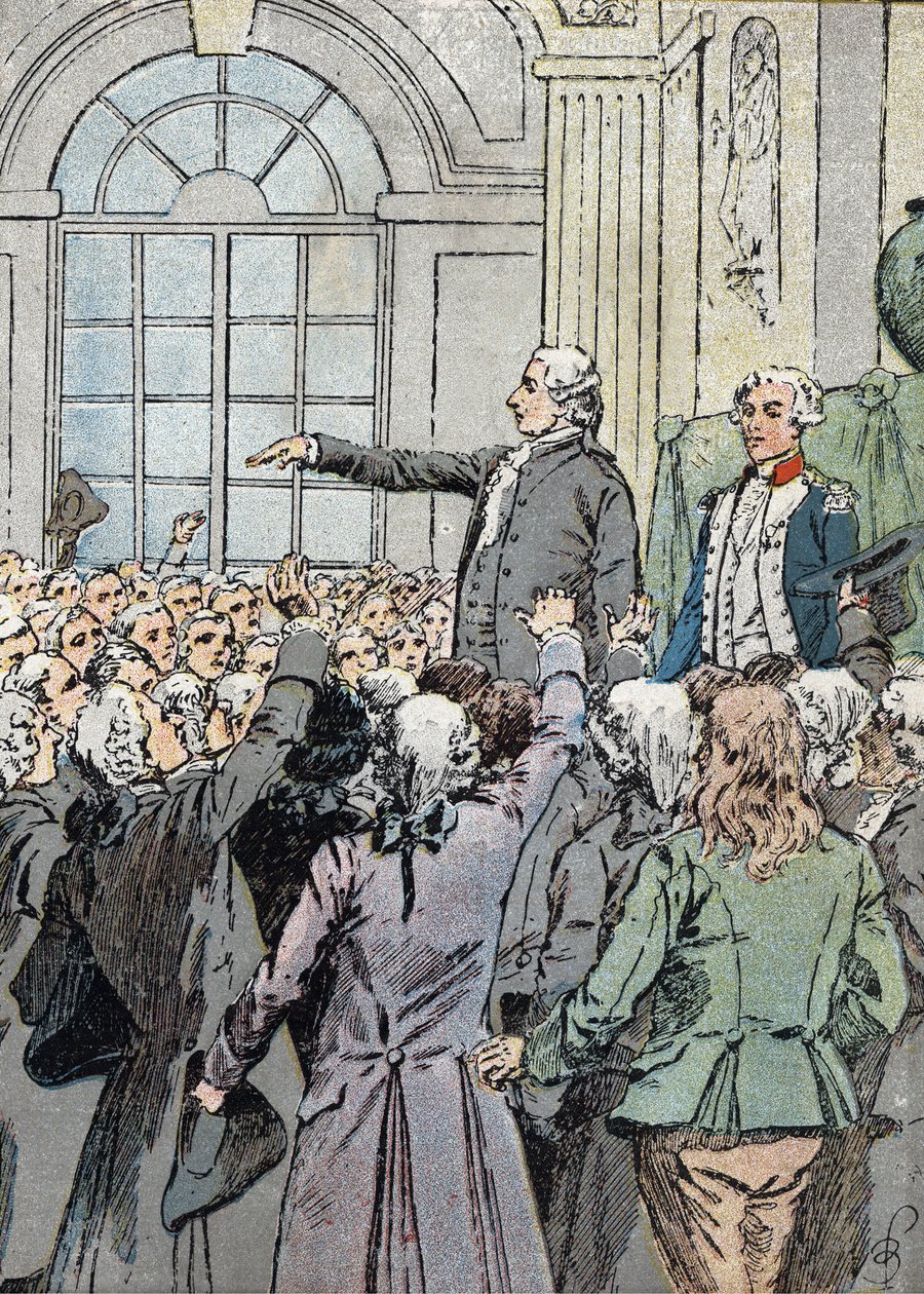 Franska revolutionen: "" Deputerade Jean Sylvain Bailly (1736-1793) valdes till borgmästare i Paris den 15/07/1789 i närvaro av La Fayette"" (politisk ledare Jean-Sylvain Bailly valdes till borgmästare i Paris den 15 juli 1789) Illustration av Louis Charle av Louis Charles Bombled