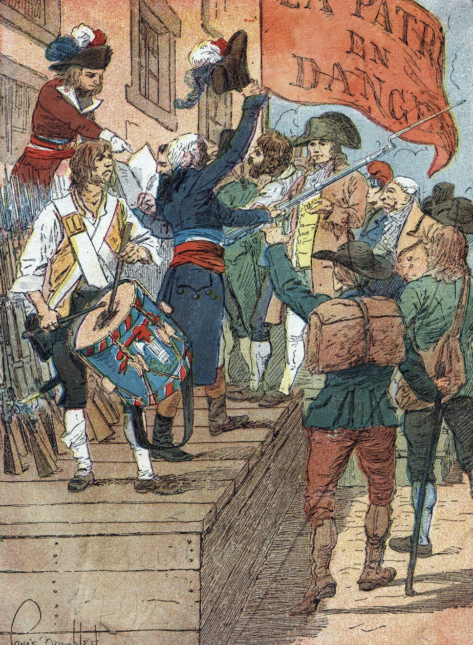 Franska revolutionens krig: frivilliga värvningar efter Frankrikes nederlag i kriget mellan det revolutionära Frankrike och kontrarevolutionära monarkierna, den franska församlingen proklamerar faran för hemlandet, 22 juli 1792) Illustration av Louis Charl av Louis Charles Bombled
