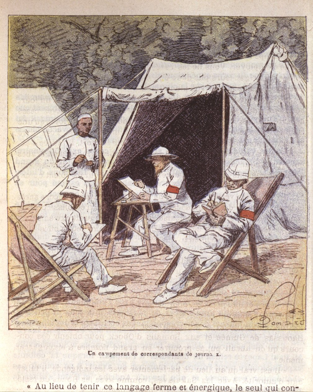 Franska krigskorrespondenter i Madagaskar vid tiden för dess annektering av Frankrike 1895-96 (färg litho) av Louis Charles Bombled