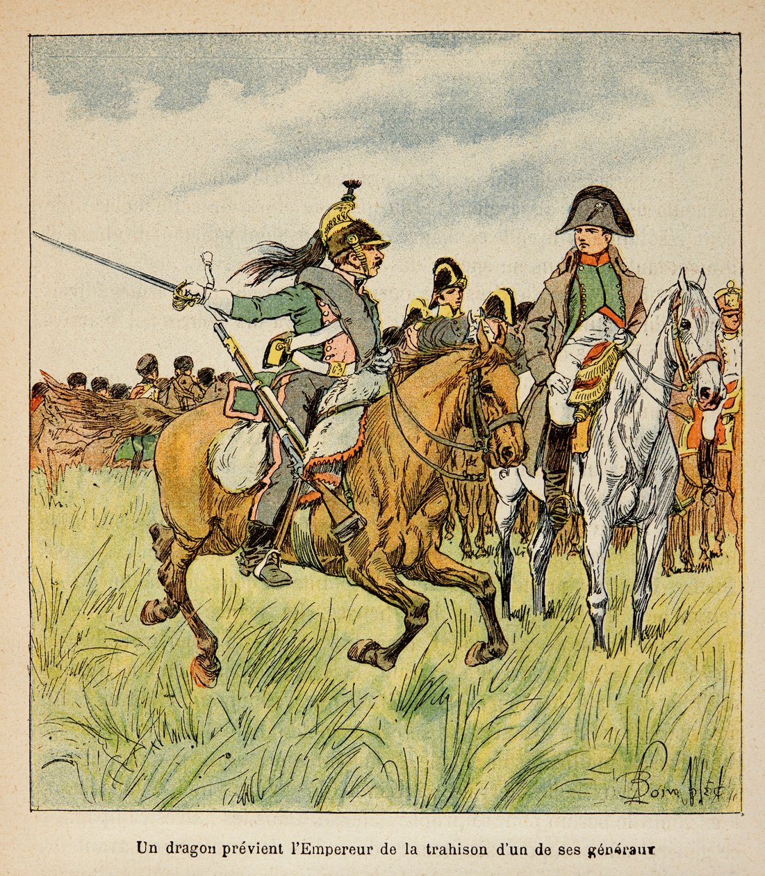 Illustration av Bombled Louis (1862-1927) från greve Emmanuel de Las Cases (1766-1842): en drake varnar kejsaren för sveket mot en av hans generaler i slaget vid Waterloo i juni 1815, privat samling av Louis Charles Bombled