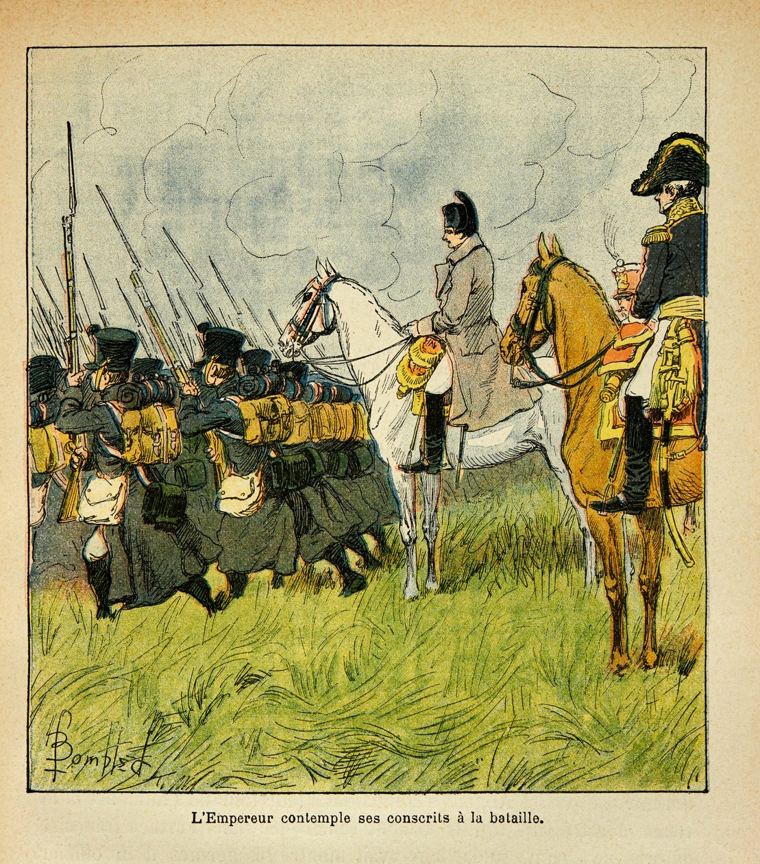 Illustration av Bombled Louis (1862-1927) från boken "The Memorial of Saint Helene" av greve Emmanuel de Las Cases (1766-1842): Kejsar Napoleon överväger sina värnpliktiga under ett slag, Privat samling av Louis Charles Bombled