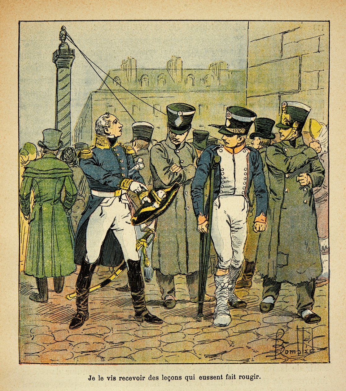 Illustration av Bombled Louis (1862-1927) från boken "The Memorial of Saint Helene" av greve Emmanuel de Las Cases (1766-1842): En före detta officer från Napoleon, under restaurering, uppmanar tidigare värnpliktiga att avvisa den kejserliga regimen, Samli av Louis Charles Bombled
