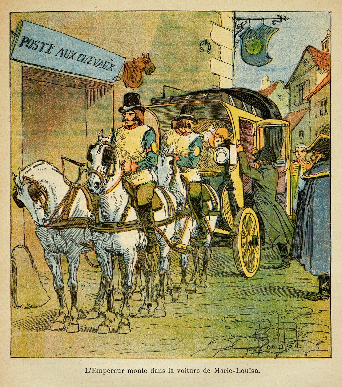 Illustration av Bombled Louis (1862-1927) från boken "The Memorial of Saint Helene" av greve Emmanuel de Las Cases (1766-1842): Kejsar Napoleon åker i bilen för att träffa sin fru Marie Louise 1810, privat samling av Louis Charles Bombled