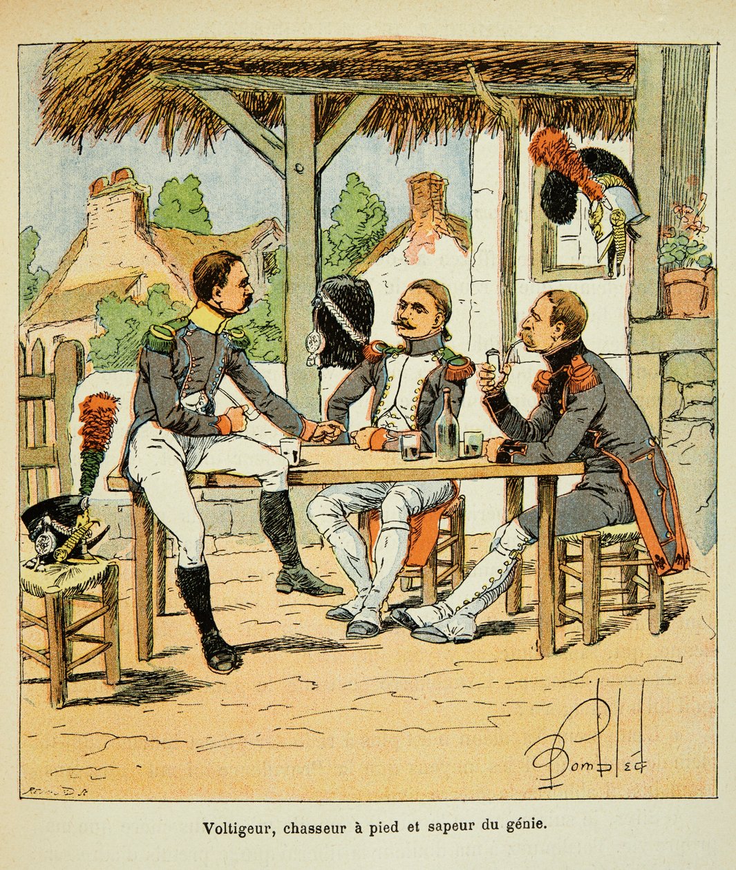 Illustration av Bombled Louis (1862-1927) från boken "The Memorial of Saint Helene" av greve Emmanuel de Las Cases (1766-1842): Armee Francaise: Voltigeur; andens jägare och sapeur, Privat samling av Louis Charles Bombled