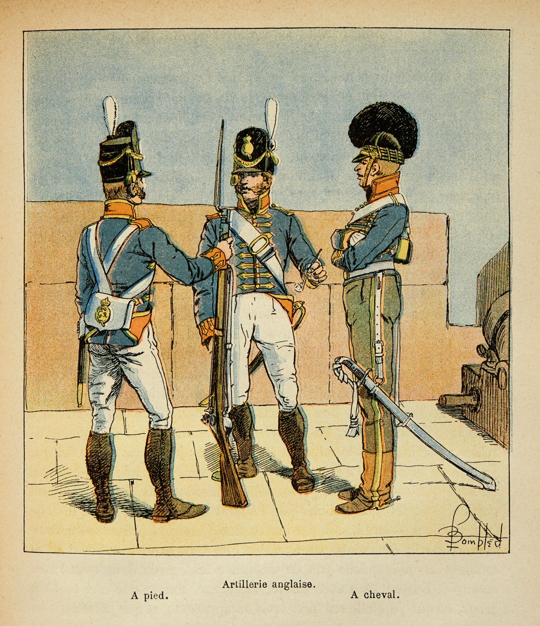 Illustration av Bombled Louis (1862-1927) från boken "The Memorial of Saint Helene" av greve Emmanuel de Las Cases (1766-1842): Engelskt artilleri: Till fots; Till häst, Privat samling av Louis Charles Bombled