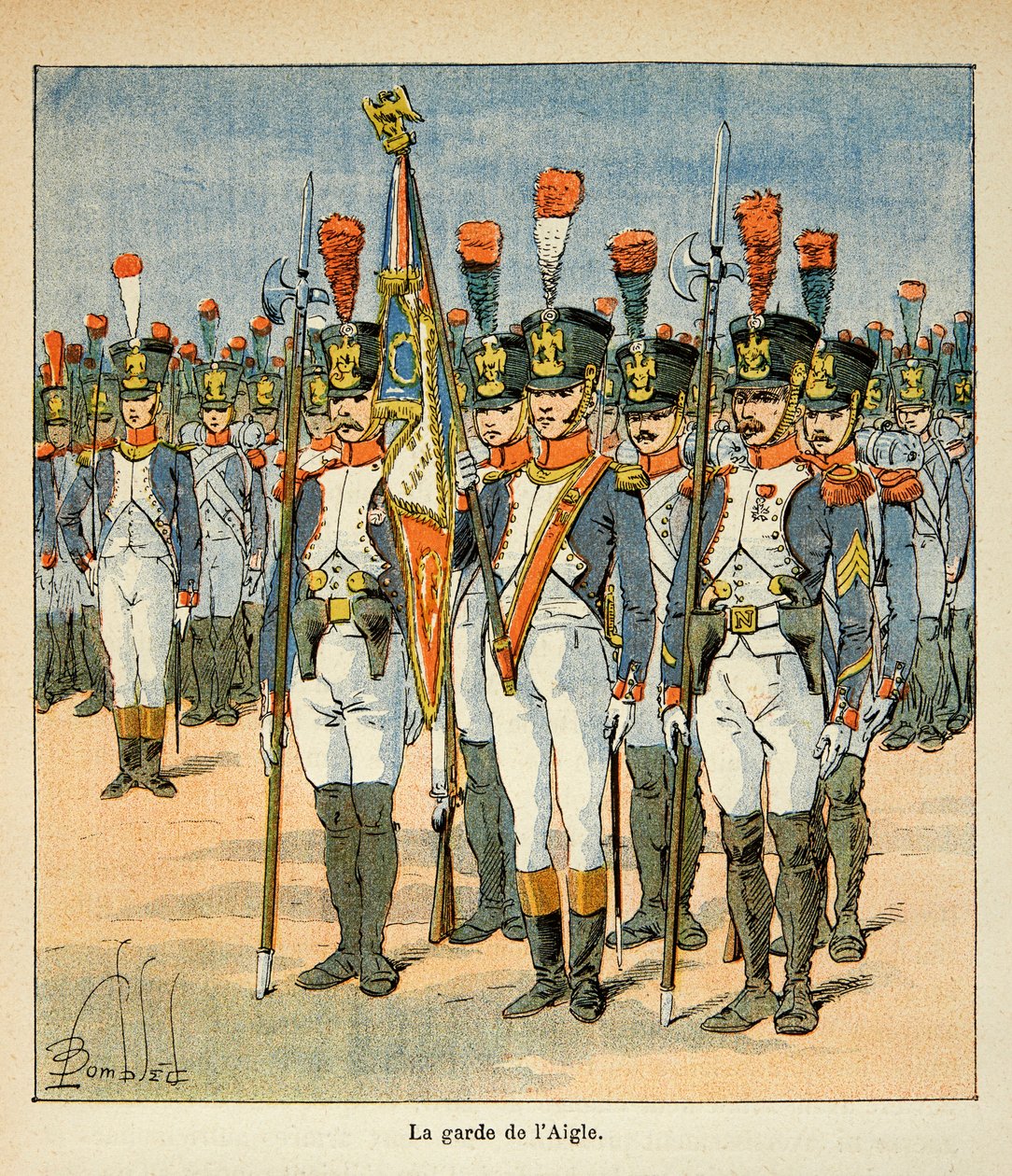 Illustration av Bombled Louis (1862-1927) från boken "The Memorial of Saint Helene" av greve Emmanuel de Las Cases (1766-1842): The Guard of the Eagle (skapad av Napoleon för att skydda flaggan), Privat samling av Louis Charles Bombled