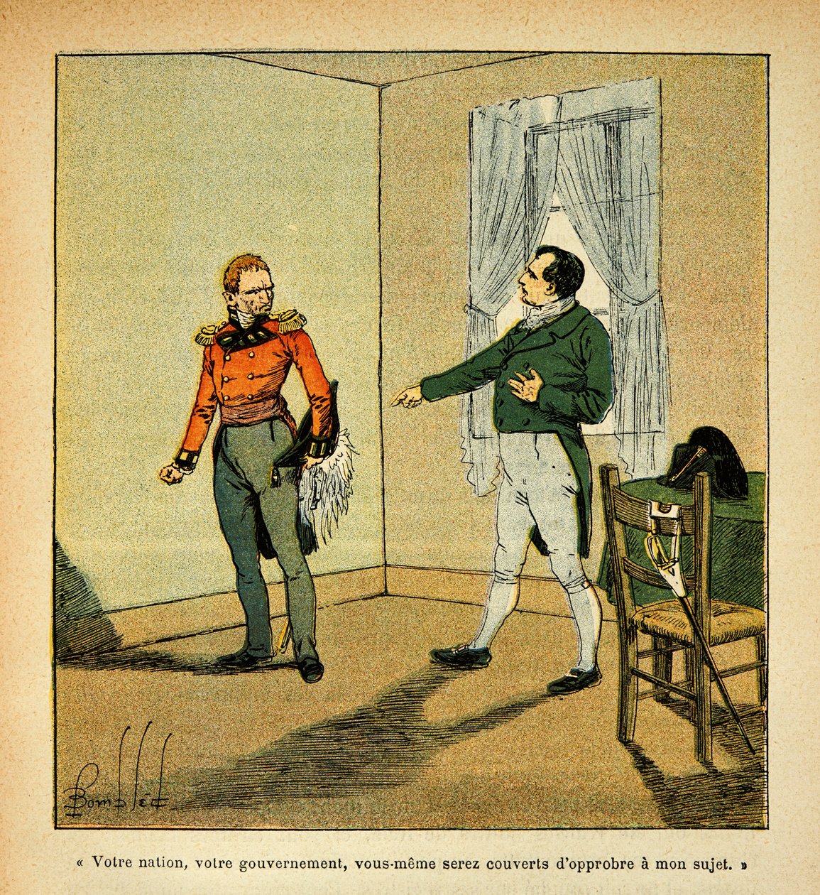 Illustration av Bombled Louis (1862-1927) från boken "The Memorial of Saint Helene" av greve Emmanuel de Las Cases (1766-1842): Kejsar Napoleon anklagar guvernör Hudson Lowe (1769-1844) för sitt beteende mot honom, Collection Partial av Louis Charles Bombled