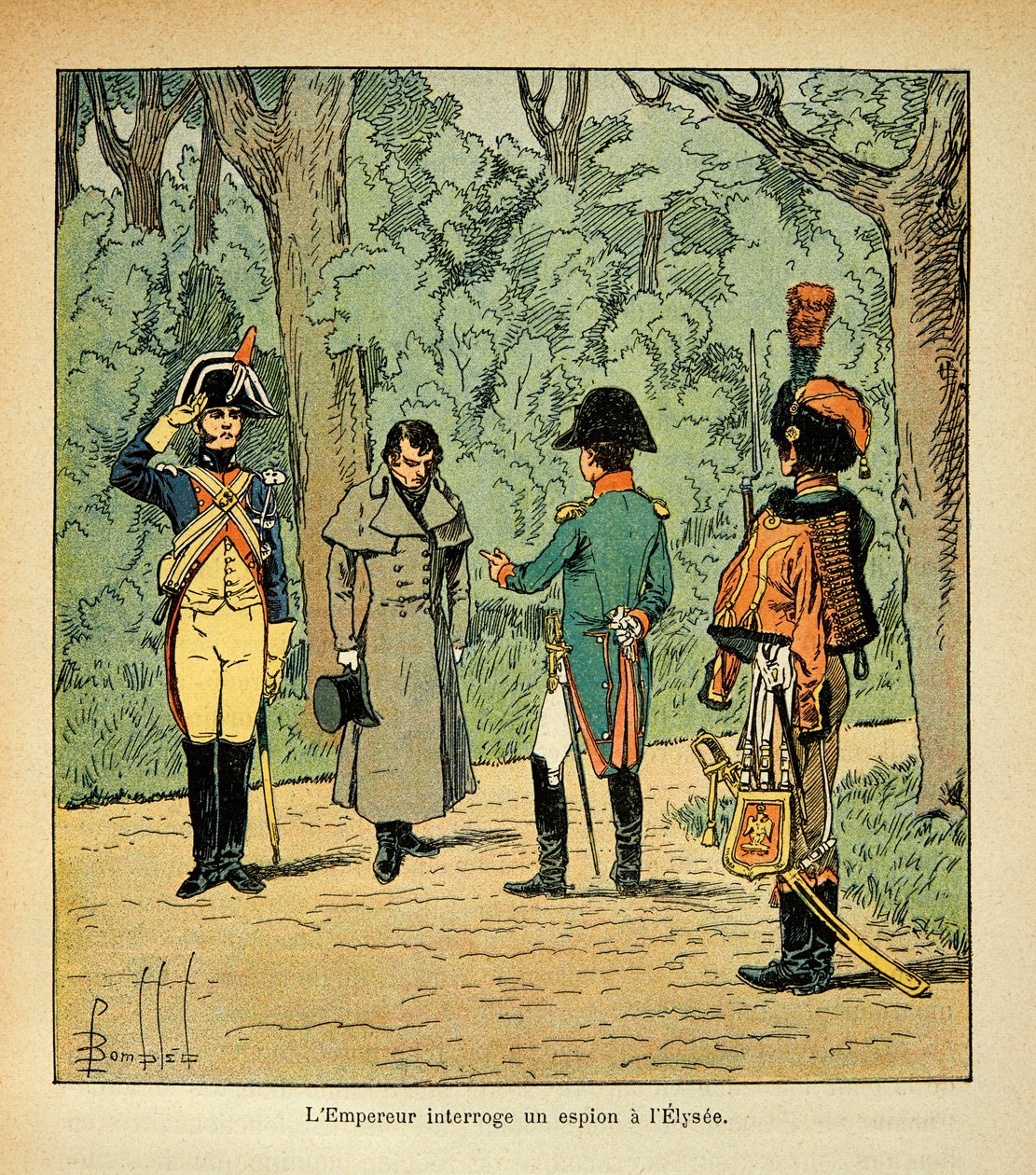 Illustration av Bombled Louis (1862-1927) från boken "The Memorial of Saint Helene" av greve Emmanuel de Las Cases (1766-1842): Kejsar Napoleon förhör en spion vid Elysee, privatsamling av Louis Charles Bombled
