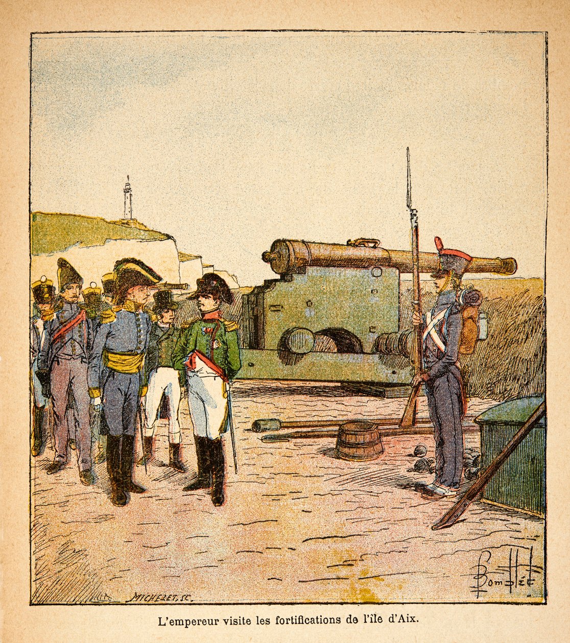 Illustration av Bombled Louis (1862-1927) från boken "The Memorial of Saint Helene" av greve Emmanuel de Las Cases (1766-1842): Kejsar Napoleon besöker befästningarna på ön Aix efter sin abdikation, Privatsamling av Louis Charles Bombled