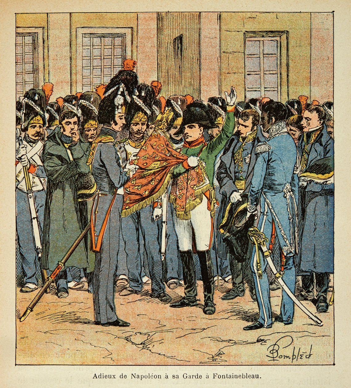 Illustration av Bombled Louis (1862-1927) från boken "The Memorial of Saint Helene" av greve Emmanuel de Las Cases (1766-1842): Napoleons farväl har sin vakt i Fontainebleau, Privatsamling av Louis Charles Bombled