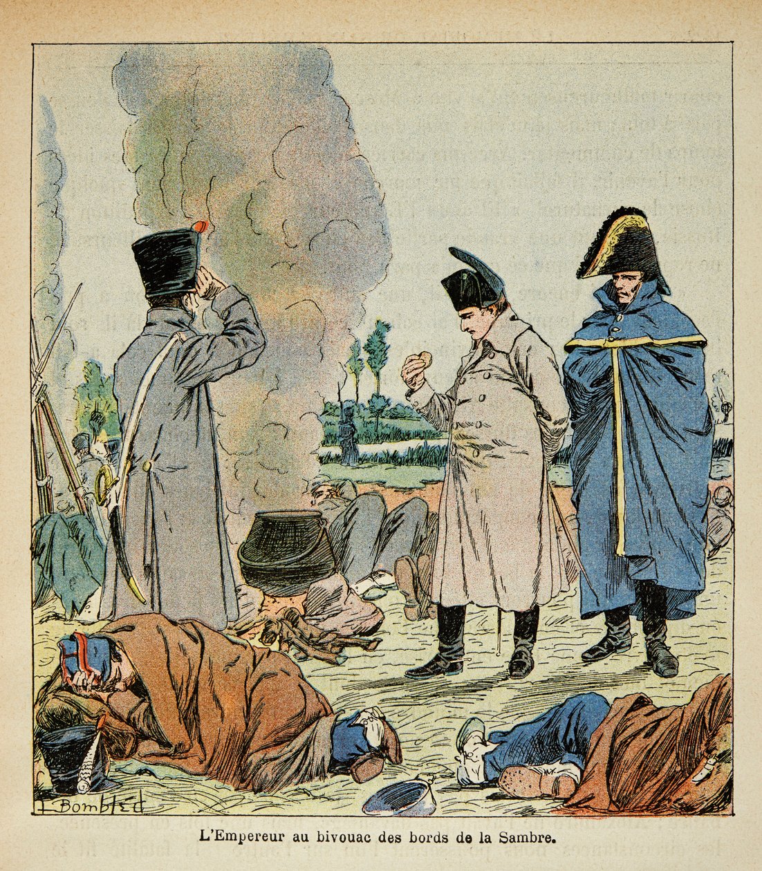 Illustration av Bombled Louis (1862-1927) från boken "The Memorial of Saint Helene" av greve Emmanuel de Las Cases (1766-1842): Napoleon under en bivack äter soldaternas bröd, Privat samling av Louis Charles Bombled