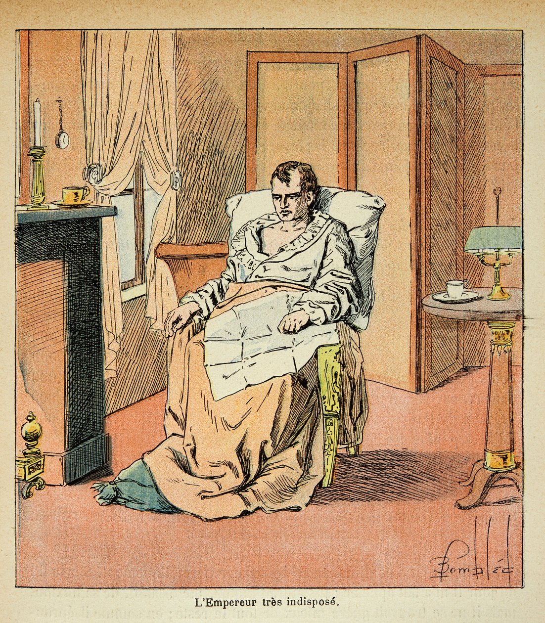 Illustration av Bombled Louis (1862-1927) från boken "The Memorial of Saint Helene" av greve Emmanuel de Las Cases (1766-1842): Den sjuke kejsaren Napoleon i St. Helene, privat samling av Louis Charles Bombled