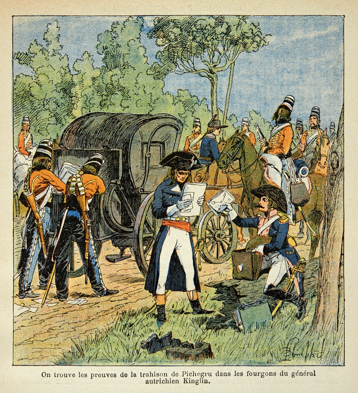 Illustration av Bombled Louis (1862-1927) från boken "The Memorial of Saint Helene" av greve Emmanuel de Las Cases (1766-1842): Under passagen av Rhen upptäcker Moreau korrespondensen mellan Pichegru och prinsen av Conde i skåpbilarna av av Louis Charles Bombled