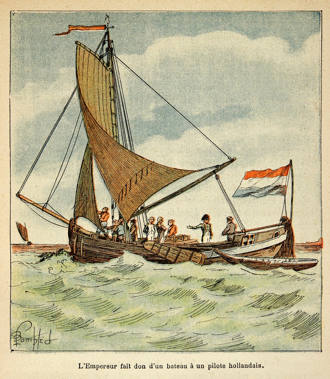 Illustration av Bombled Louis (1862-1927) från boken "The Memorial of Saint Helene" av greve Emmanuel de Las Cases (1766-1842): Napoleon donerade en båt till en holländsk pilot under hans besök i Holland av Louis Charles Bombled
