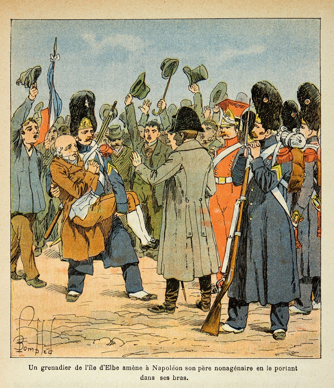 Illustration av Bombled Louis (1862-1927) från boken "The Memorial of Saint Helene" av greve Emmanuel de Las Cases (1766-1842): En grenadjär tar med sin far till Napoleon genom att bära honom i famnen när han återvänder från ön Elba , menig överste av Louis Charles Bombled