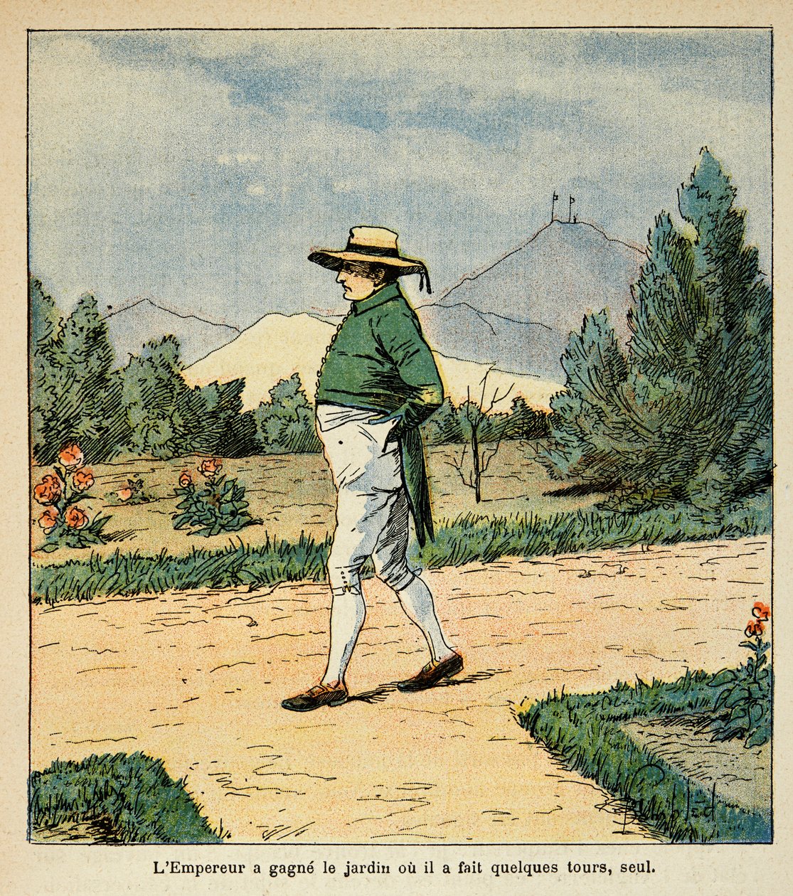 Illustration av Bombled Louis (1862-1927) från boken "The Memorial of Saint Helene" av greve Emmanuel de Las Cases (1766-1842): Kejsar Napoleon går i sin trädgård i St. Helene i september 1816, privat samling av Louis Charles Bombled