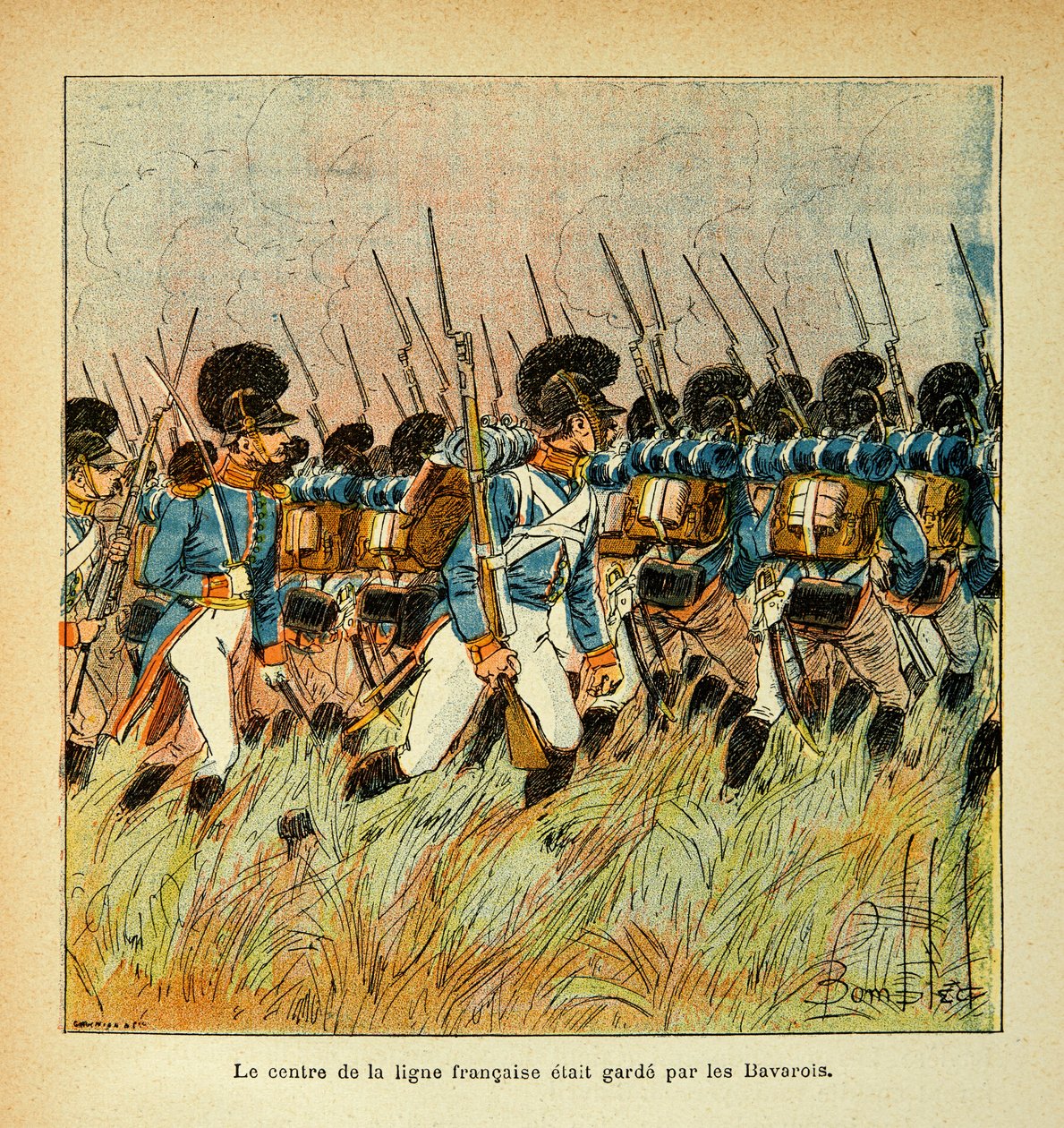 Illustration av Bombled Louis (1862-1927) från boken "The Memorial of Saint Helene" av greve Emmanuel de Las Cases (1766-1842): Bavarian Armee integrerad med Armee of Napoleon, Privat samling av Louis Charles Bombled