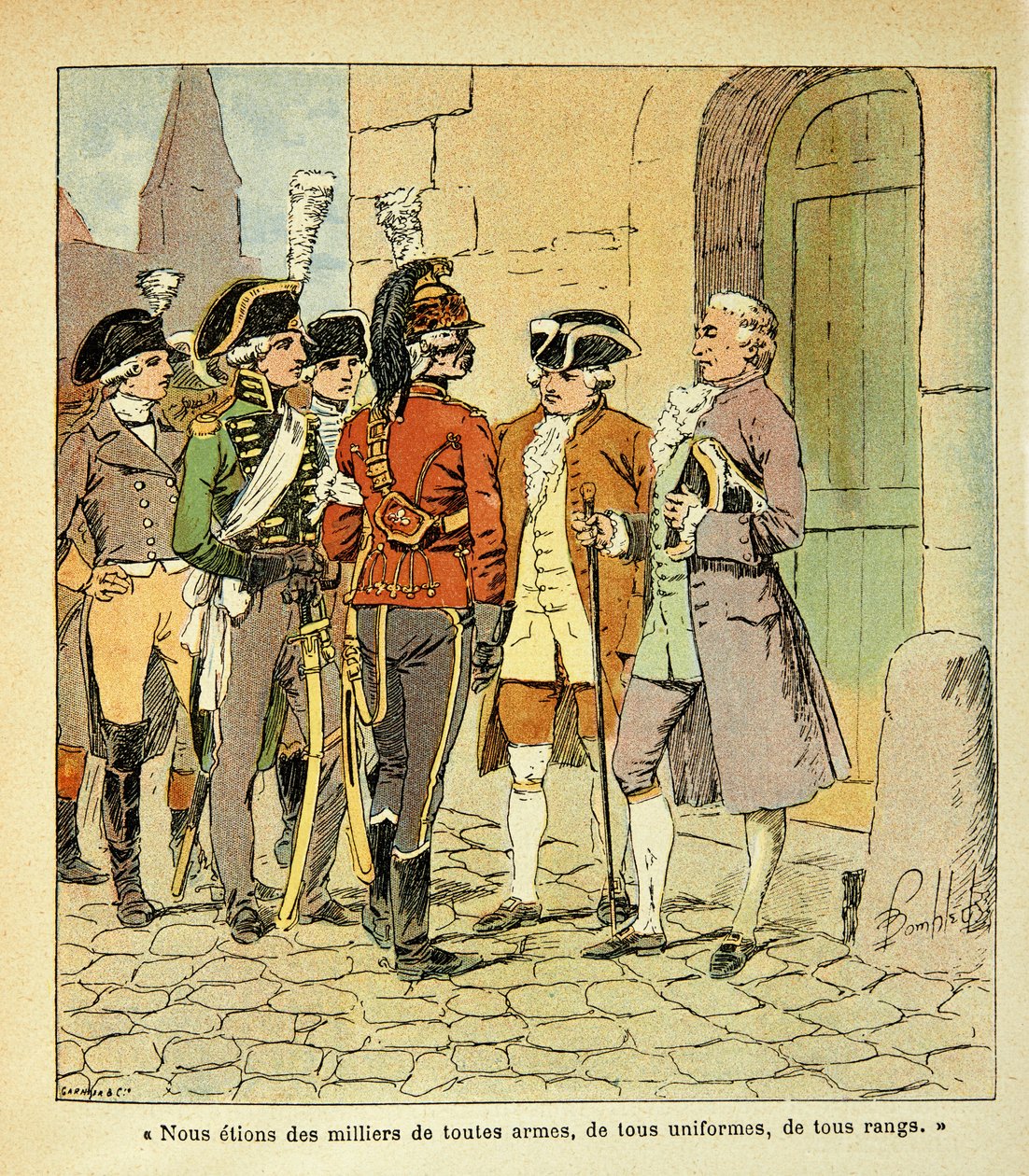 Illustration av Bombled Louis (1862-1927) från boken "The Memorial of Saint Helene" av greve Emmanuel de Las Cases (1766-1842): Emigrers to Coblenz (Koblenz) under the Revolution, Privat samling av Louis Charles Bombled