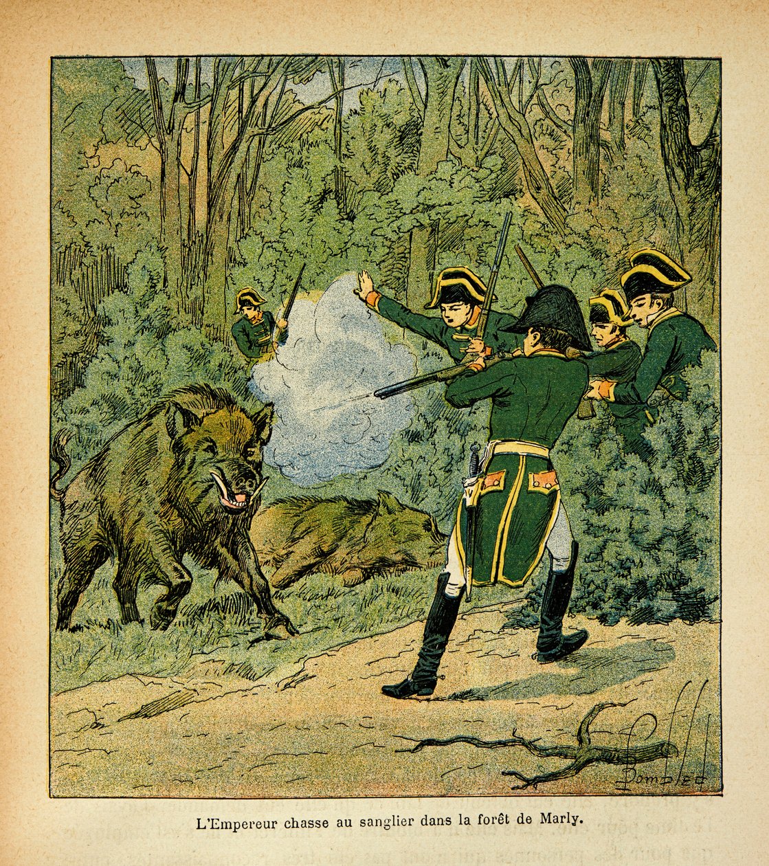 Illustration av Bombled Louis (1862-1927) från boken "The Memorial of Saint Helene" av greve Emmanuel de Las Cases (1766-1842): Kejsar Napoleon jagar galten i skogen Marly, privat samling av Louis Charles Bombled