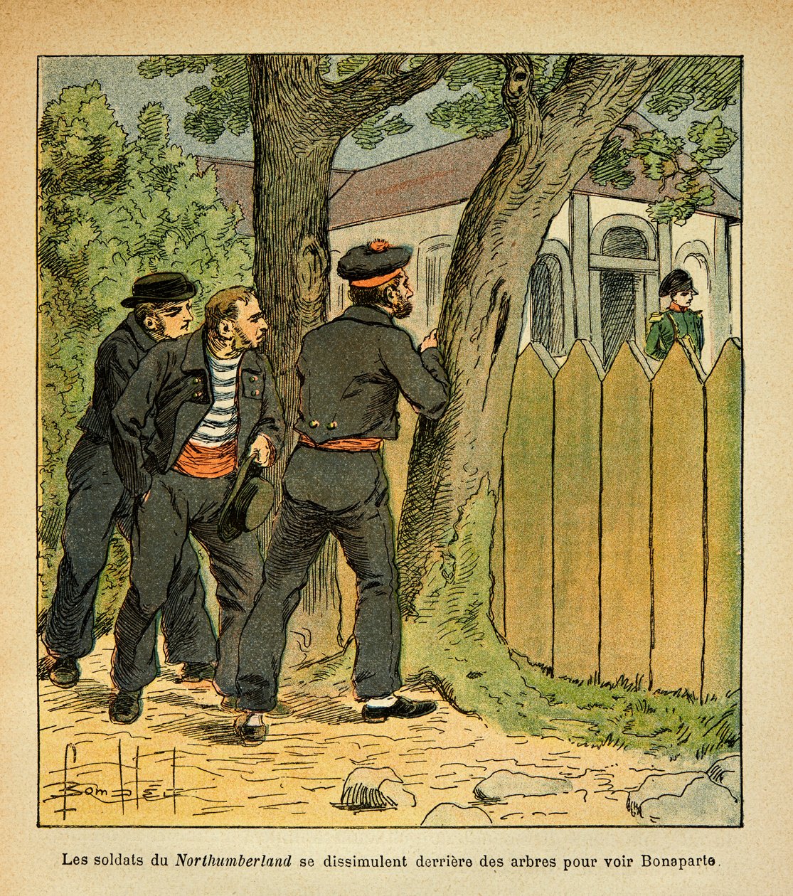 Illustration av Bombled Louis (1862-1927) från boken "The Memorial of Saint Helene" av greve Emmanuel de Las Cases (1766-1842): I Sankt Helene gömmer sig Northumberlands sjömän för att träffa kejsar Napoleon, privat samling. av Louis Charles Bombled