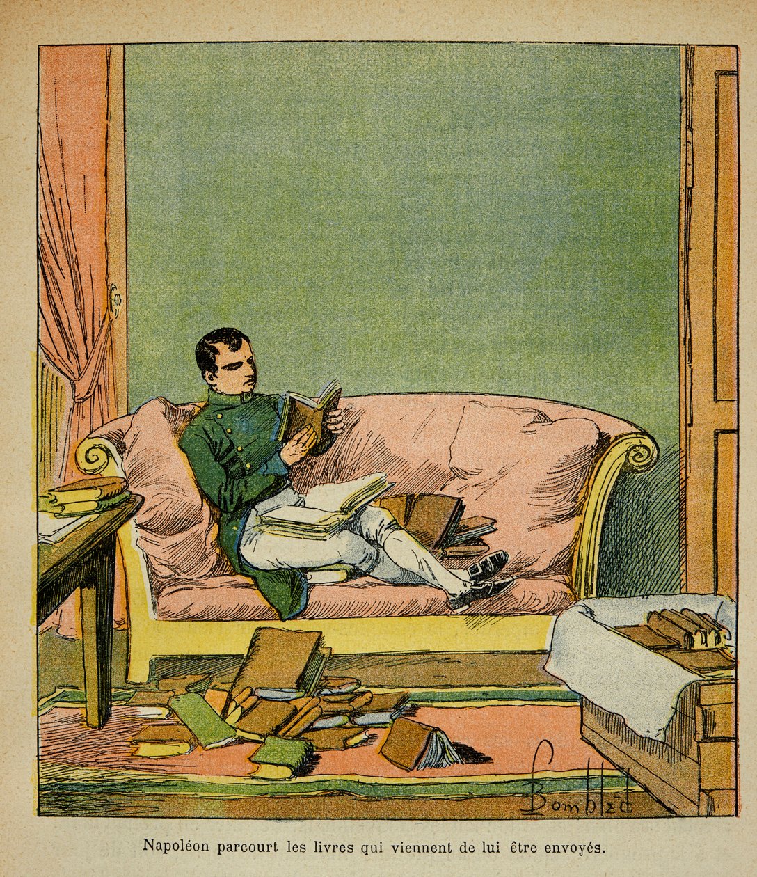 Illustration af Bombled Louis (1862-1927) fra bogen "The Memorial of Saint Helene" af Grev Emmanuel de Las Cases (1766-1842): Kejser Napoleon rejser gennem de bøger, der netop er blevet sendt til St. Helene, Private Collectionswed av Louis Charles Bombled