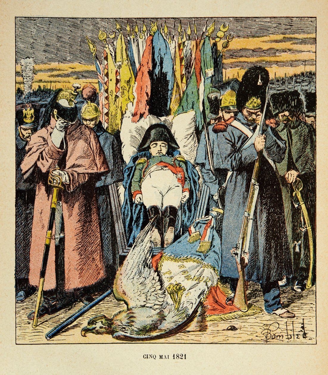 Illustration av Bombled Louis (1862-1927) från boken "The Memorial of Saint Helene" av greve Emmanuel de Las Cases (1766-1842): Allegory, Armee hyllar kejsaren efter hans död, Privat samling av Louis Charles Bombled