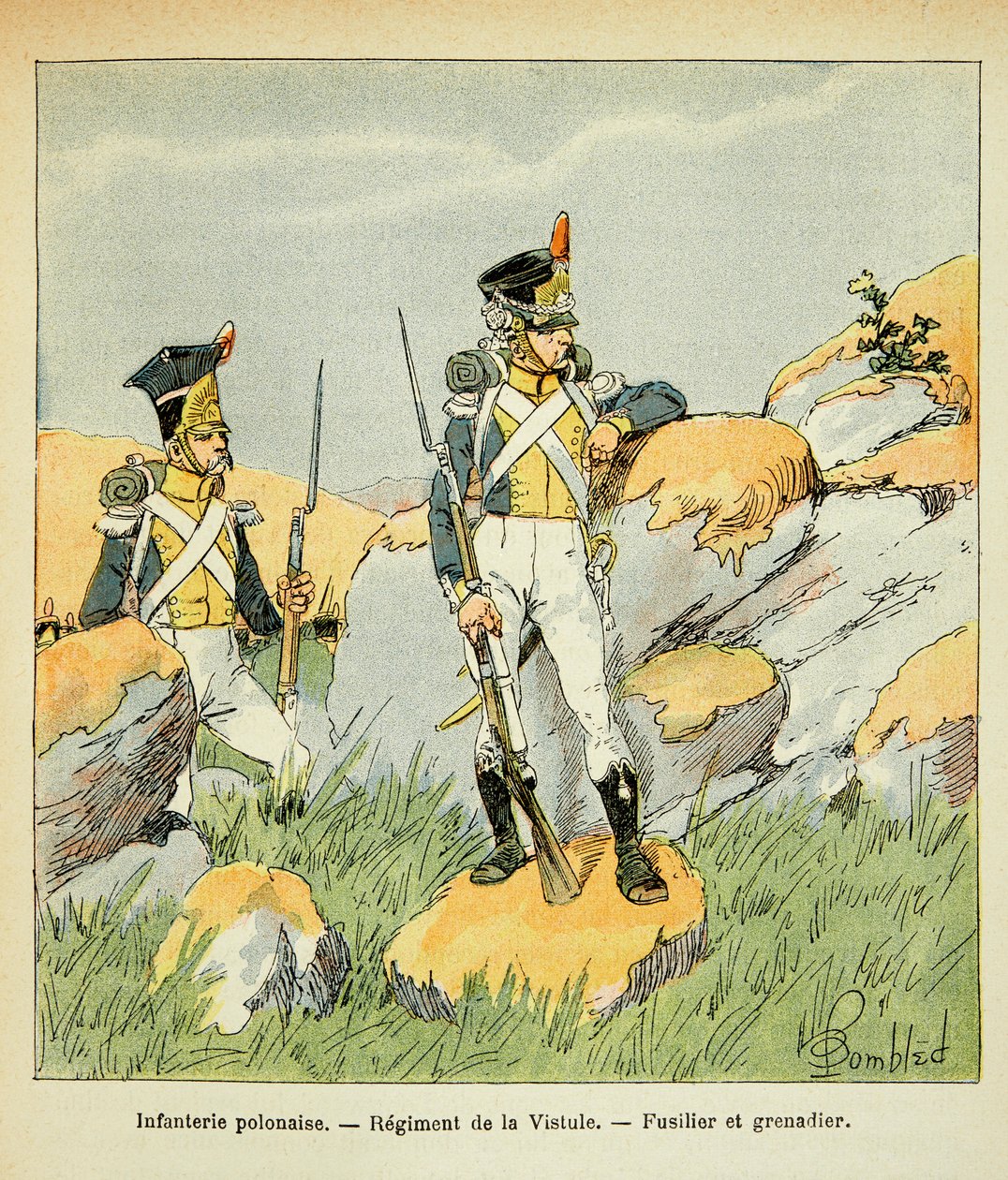 Illustration av Bombled Louis (1862-1927) från boken "The Memorial of Saint Helene" av greve Emmanuel de Las Cases (1766-1842): Polskt infanteri; Regementet av Vistula; fusilier och grenadjär, Privat samling av Louis Charles Bombled