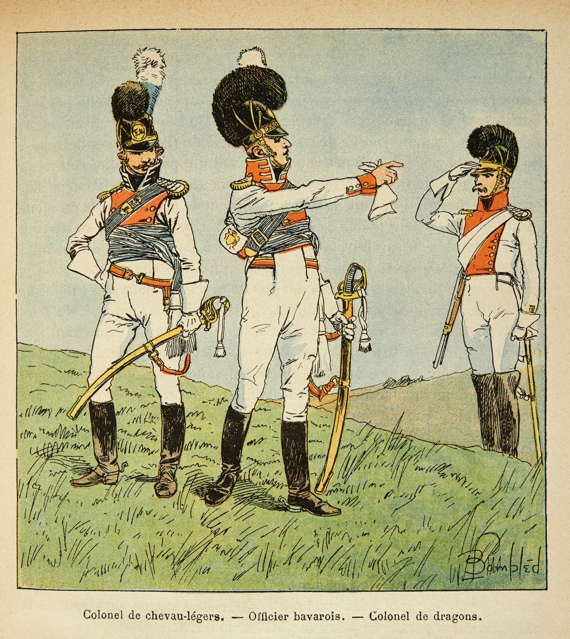 Illustration av Bombled Louis (1862-1927) från boken "The Memorial of Saint Helene" av greve Emmanuel de Las Cases (1766-1842): Bayersk militär: Överste av lätta hästar; bayersk officer; Överste av drakarna, privat samling av Louis Charles Bombled