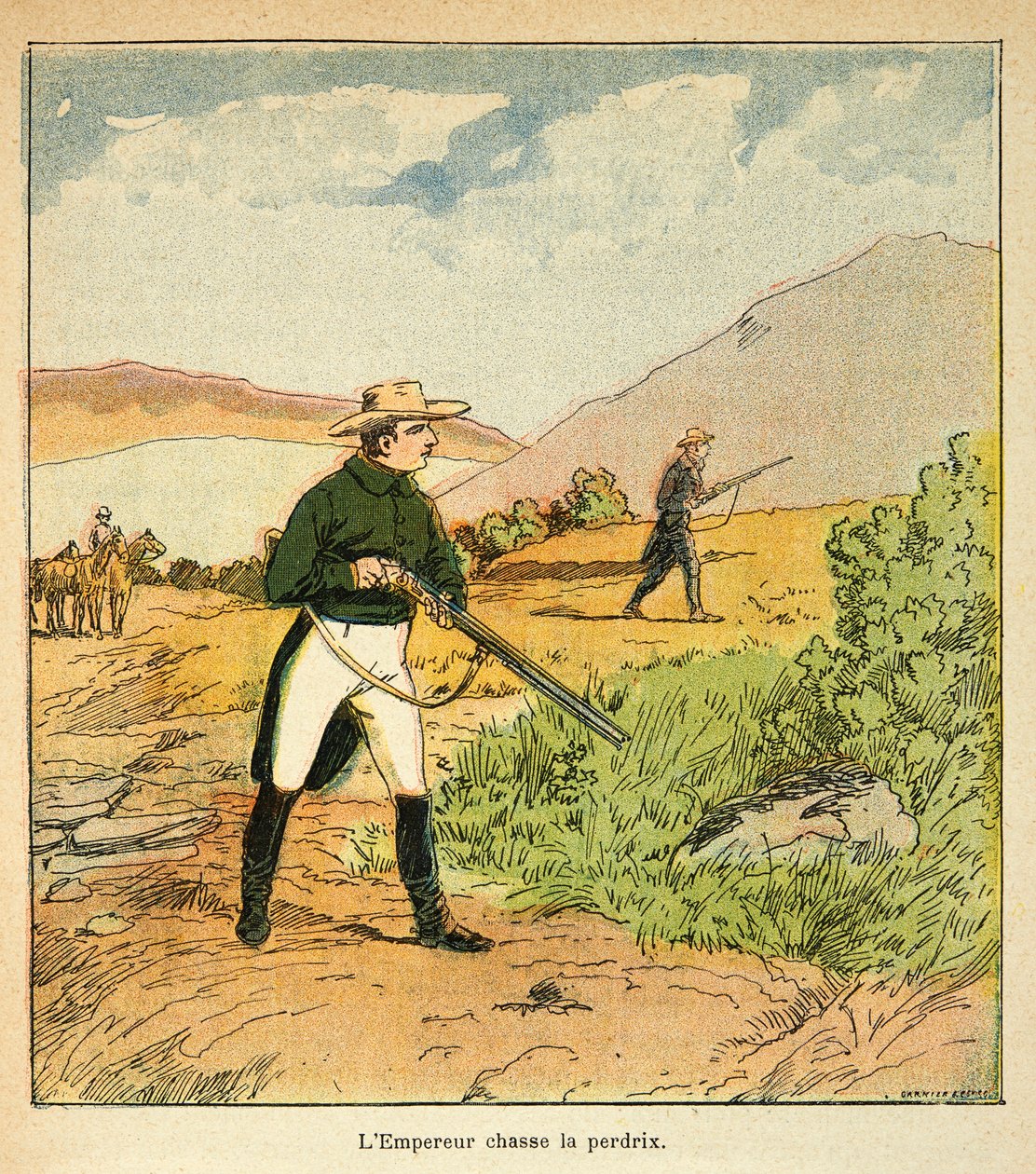 Illustration av Bombled Louis (1862-1927) från boken "The Memorial of Saint Helene" av greve Emmanuel de Las Cases (1766-1842): Napoleon på jakt med Las Cases i Ste Helene i augusti 1816, privat samling av Louis Charles Bombled