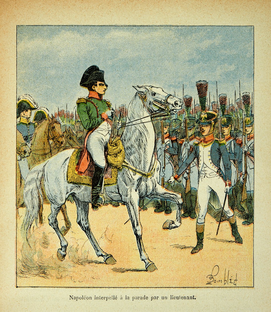 Illustration av Bombled Louis (1862-1927) från boken "The Memorial of Saint Helene" av greve Emmanuel de Las Cases (1766-1842): Napoleon kallar till en parad av en löjtnant, Privat samling av Louis Charles Bombled