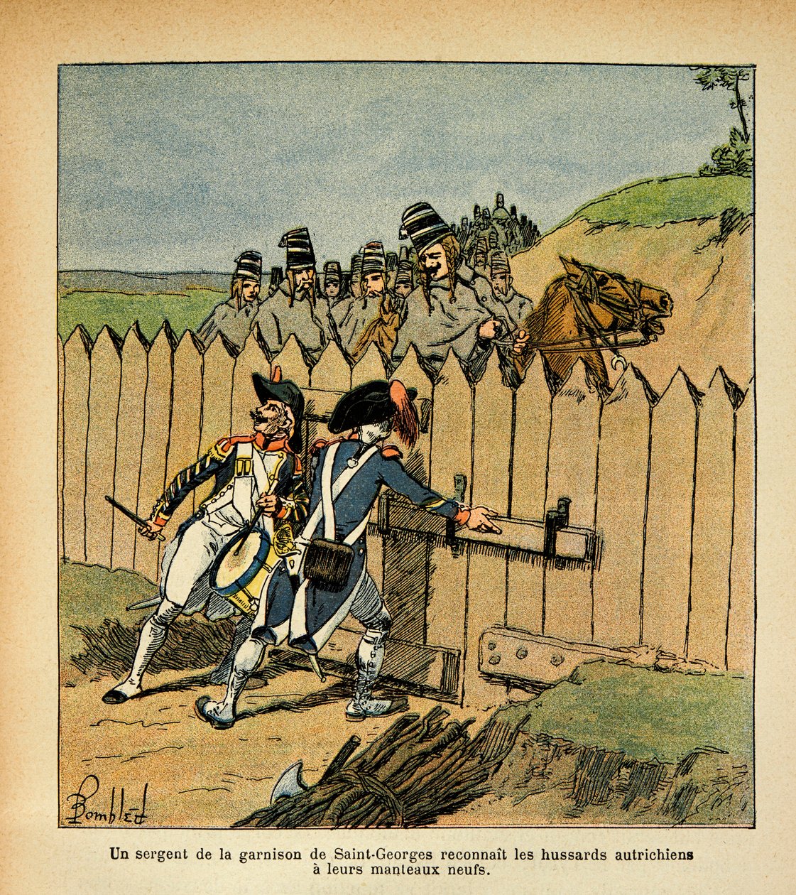 Illustration av Bombled Louis (1862-1927) från boken "The Memorial of Saint Helene" av greve Emmanuel de Las Cases (1766-1842): Under den italienska kampanjen erkände en sergeant från garnisonen St George de österrikiska husarerna med sina nya rockar, Pr av Louis Charles Bombled