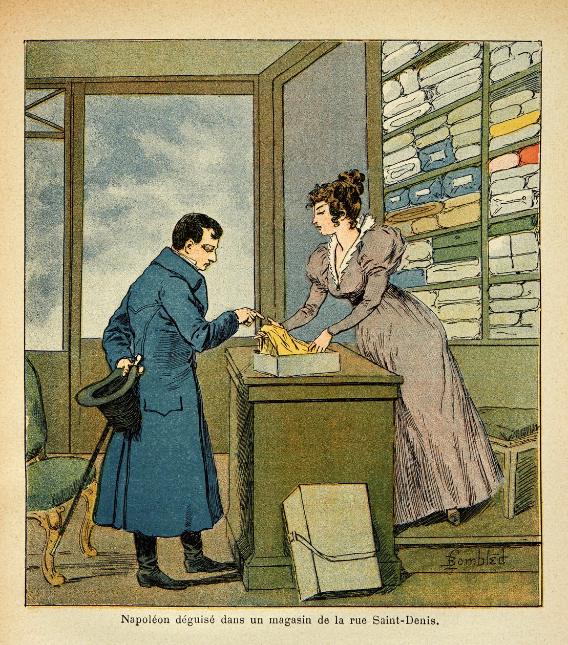 Illustration av Bombled Louis (1862-1927) från boken "The Memorial of Saint Helene" av greve Emmanuel de Las Cases (1766-1842): Kejsar Napoleons förklädnad i en butik på Rue Saint Denis, privat samling av Louis Charles Bombled
