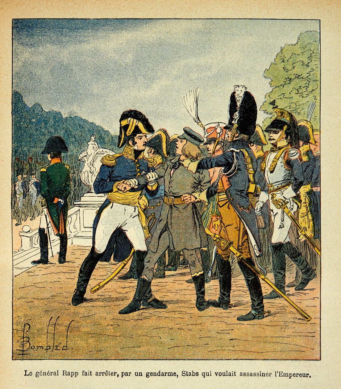Illustration av Bombled Louis (1862-1927) från boken "The Memorial of Saint Helene" av greve Emmanuel de Las Cases (1766-1842): General Rapp arresterade, av en gendarme, de unga Stabs, som ville mörda kejsar Napoleon, Samling partiell av Louis Charles Bombled