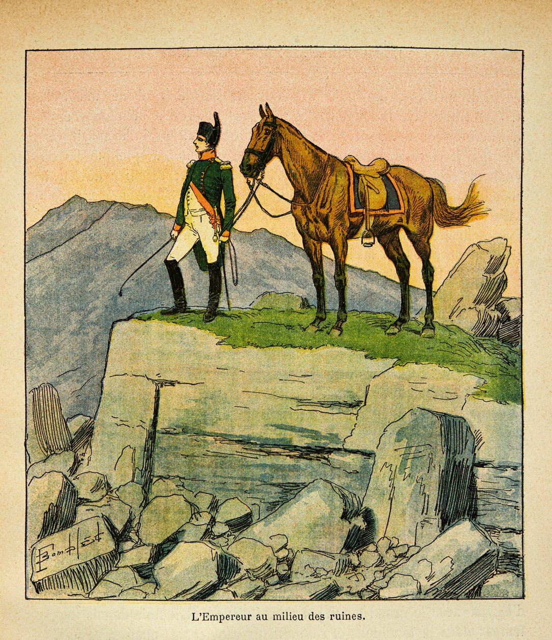 Illustration av Bombled Louis (1862-1927) från boken "The Memorial of Saint Helene" av greve Emmanuel de Las Cases (1766-1842): Kejsaren Napoleon mitt i ruinerna, privat samling av Louis Charles Bombled