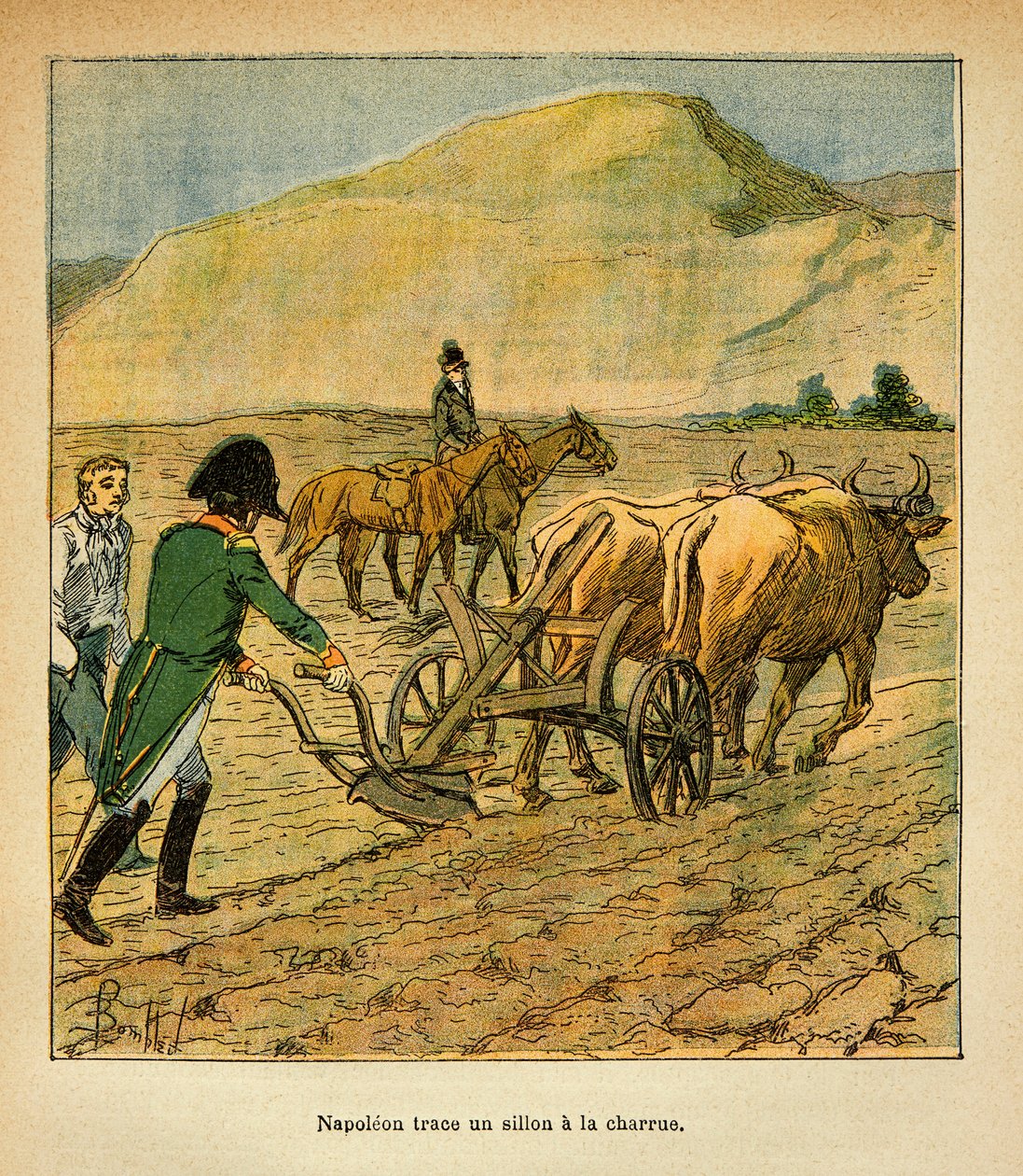 Illustration av Bombled Louis (1862-1927) från boken "The Memorial of Saint Helene" av greve Emmanuel de Las Cases (1766-1842): På St. Helene spårar kejsar Napoleon en fåra till plogen, privatsamling av Louis Charles Bombled