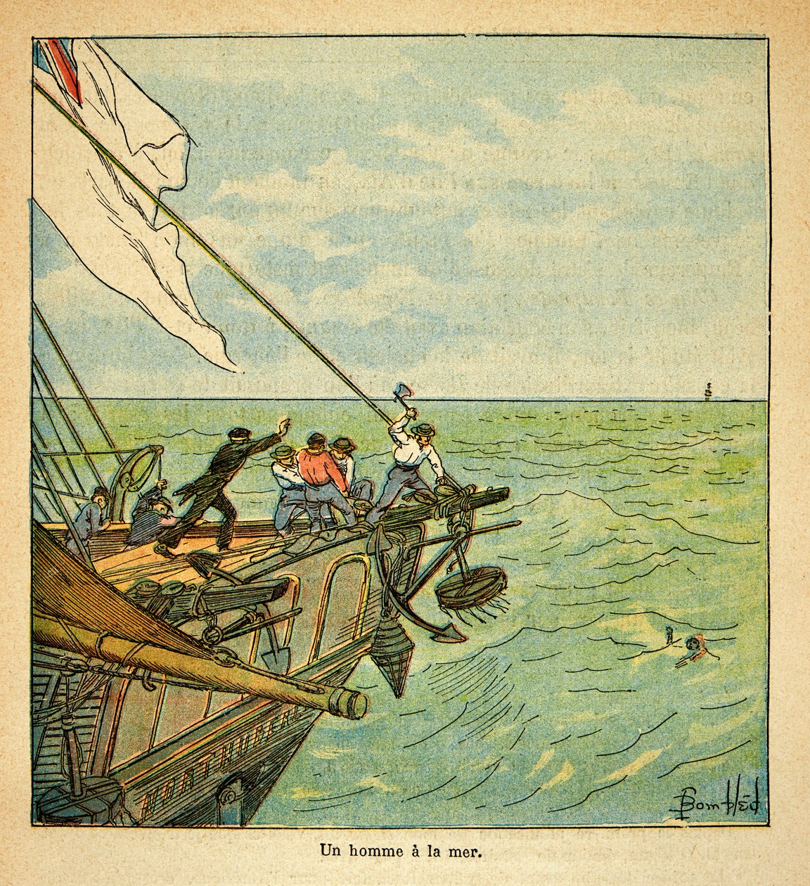 Illustration av Bombled Louis (1862-1927) från boken "The Memorial of Saint Helene" av greve Emmanuel de Las Cases (1766-1842): En man drunknar under kejsar Napoleons resa till St. Helene, privat samling av Louis Charles Bombled