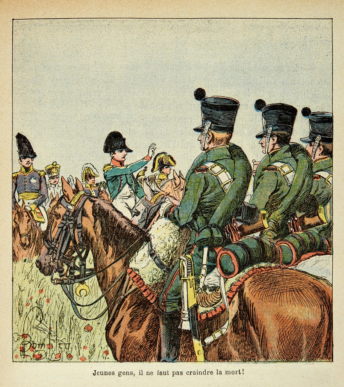 Illustration av Bombled Louis (1862-1927) från boken "The Memorial of Saint Helene" av greve Emmanuel de Las Cases (1766-1842): Napoleon harangue the trurops, Private Collection av Louis Charles Bombled