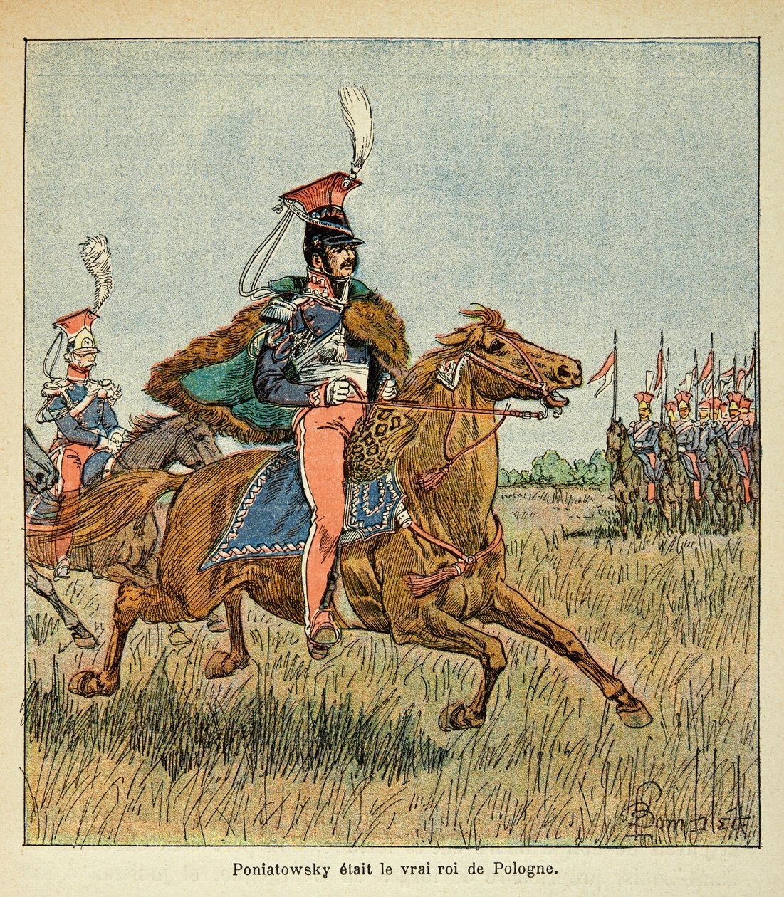 Illustration av Bombled Louis (1862-1927) från boken "The Memorial of Saint Helene" av greve Emmanuel de Las Cases (1766-1842): Marechalen Jozef Antoni Poniatowski (1763-1813) före sina trupper, Privat samling av Louis Charles Bombled