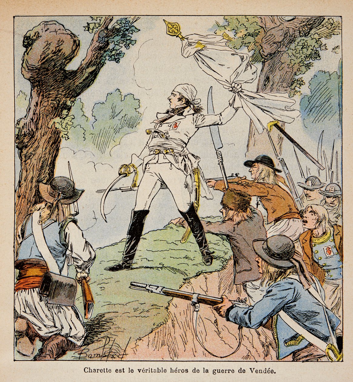 Illustration av Bombled Louis (1862-1927) från boken "The Memorial of Saint Helene" av greve Emmanuel de Las Cases (1766-1842): Chief Vendeen Charrette och hans anhängare, privat samling av Louis Charles Bombled