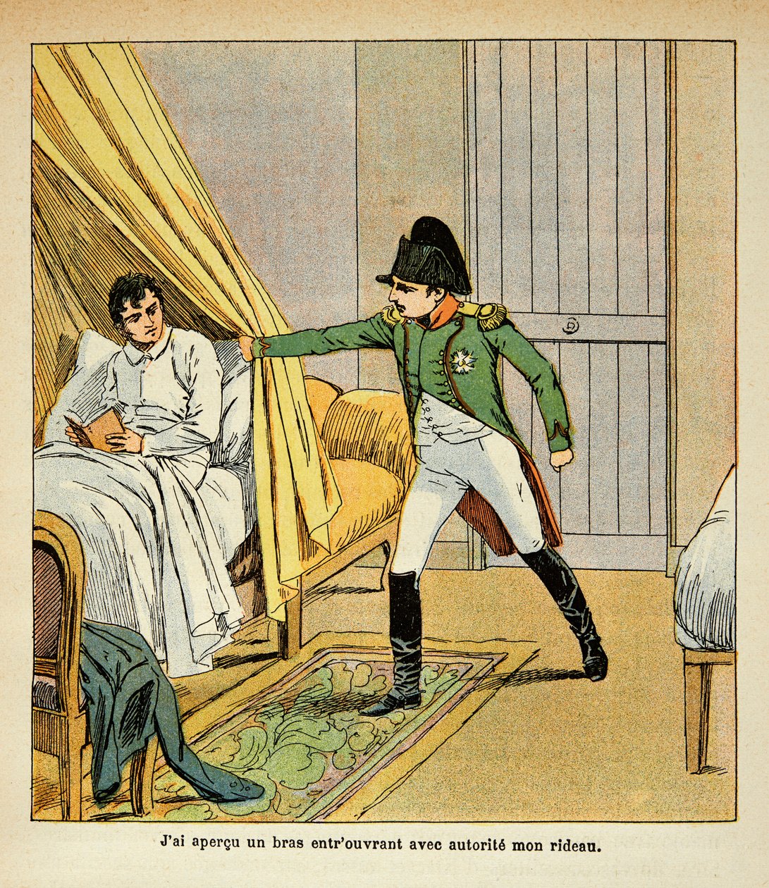 Illustration av Bombled Louis (1862-1927) från boken "The Memorial of Saint Helene" av greve Emmanuel de Las Cases (1766-1842): Napoleon väcker Las Cases i sängen på St. Helene, privat samling av Louis Charles Bombled