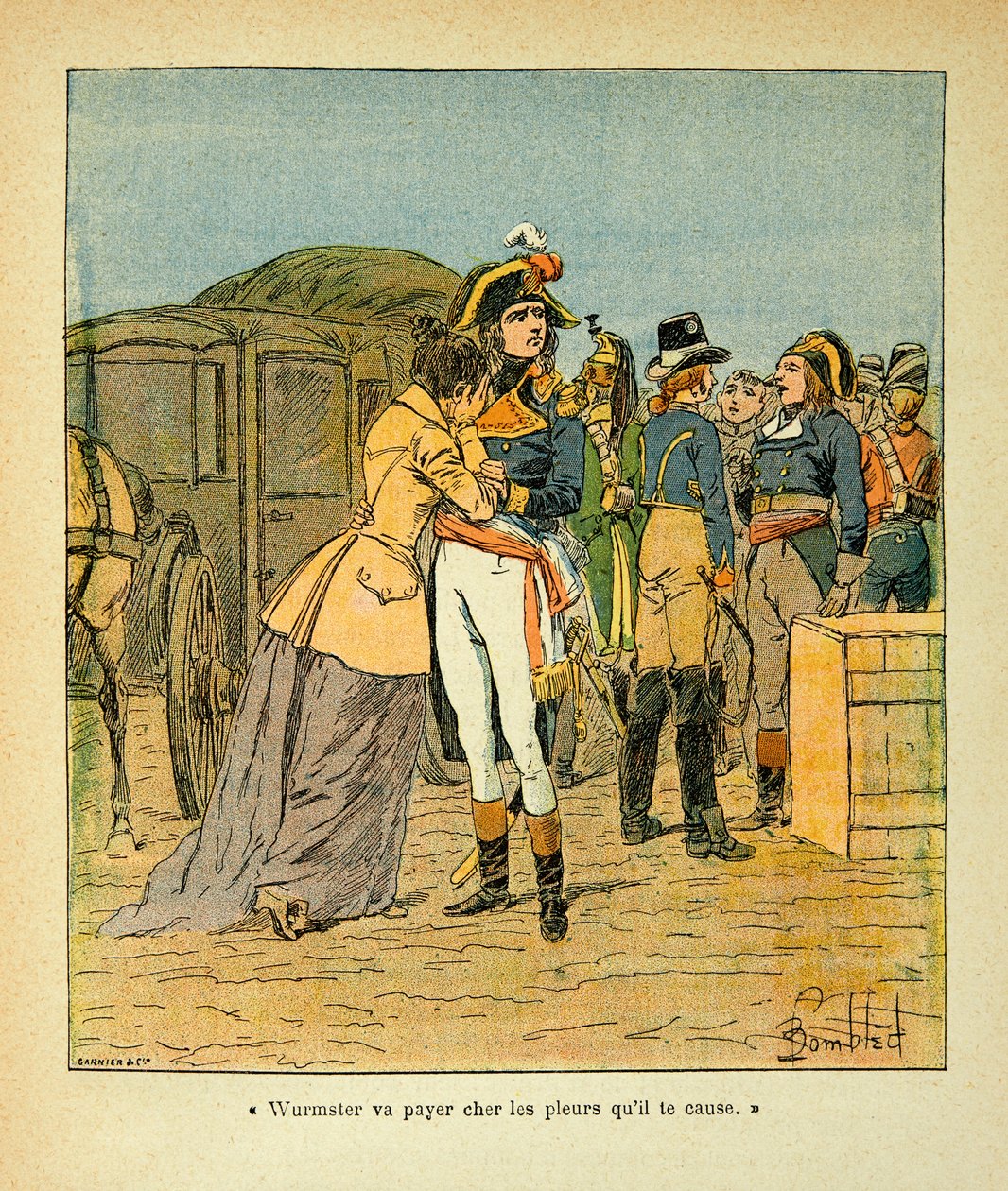 Illustration av Bombled Louis (1862-1927) från boken "The Memorial of Saint Helene" av greve Emmanuel de Las Cases (1766-1842): Bonaparte tröstar Josephine efter attacken på hans bil under det italienska fälttåget, Private Collection. av Louis Charles Bombled