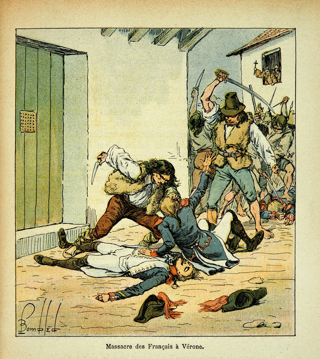 Illustration av Bombled Louis (1862-1927) från boken "The Memorial of Saint Helene" av greve Emmanuel de Las Cases (1766-1842): Massaker på franska soldater i Verona, privat samling. av Louis Charles Bombled