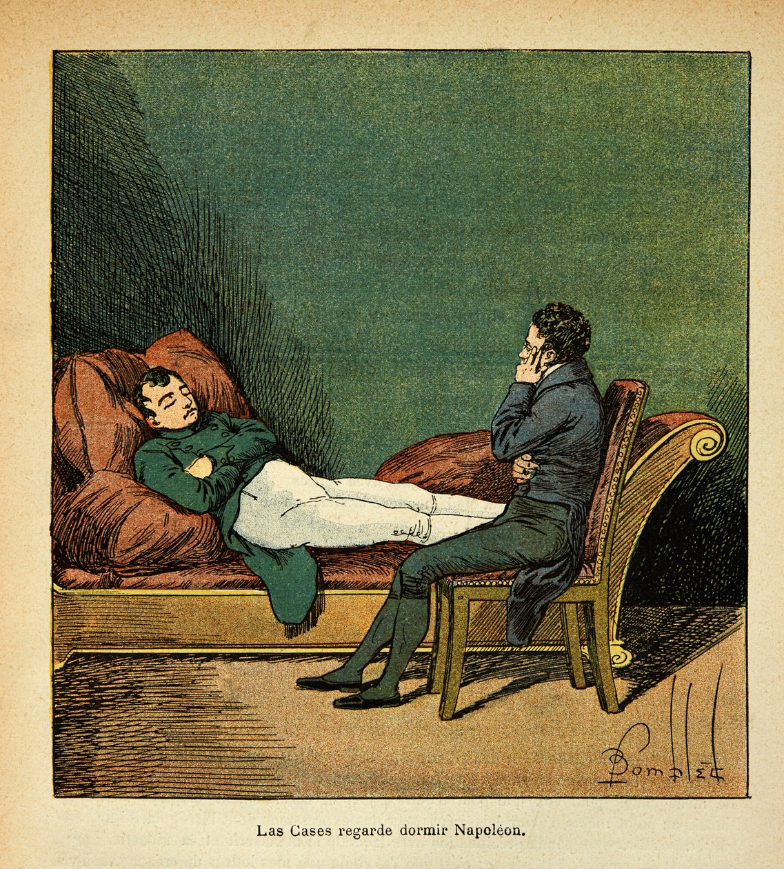 Illustration av Bombled Louis (1862-1927) från boken "The Memorial of Saint Helene" av greve Emmanuel de Las Cases (1766-1842): Las Cases tittar på den sovande Napoleon, privat samling av Louis Charles Bombled