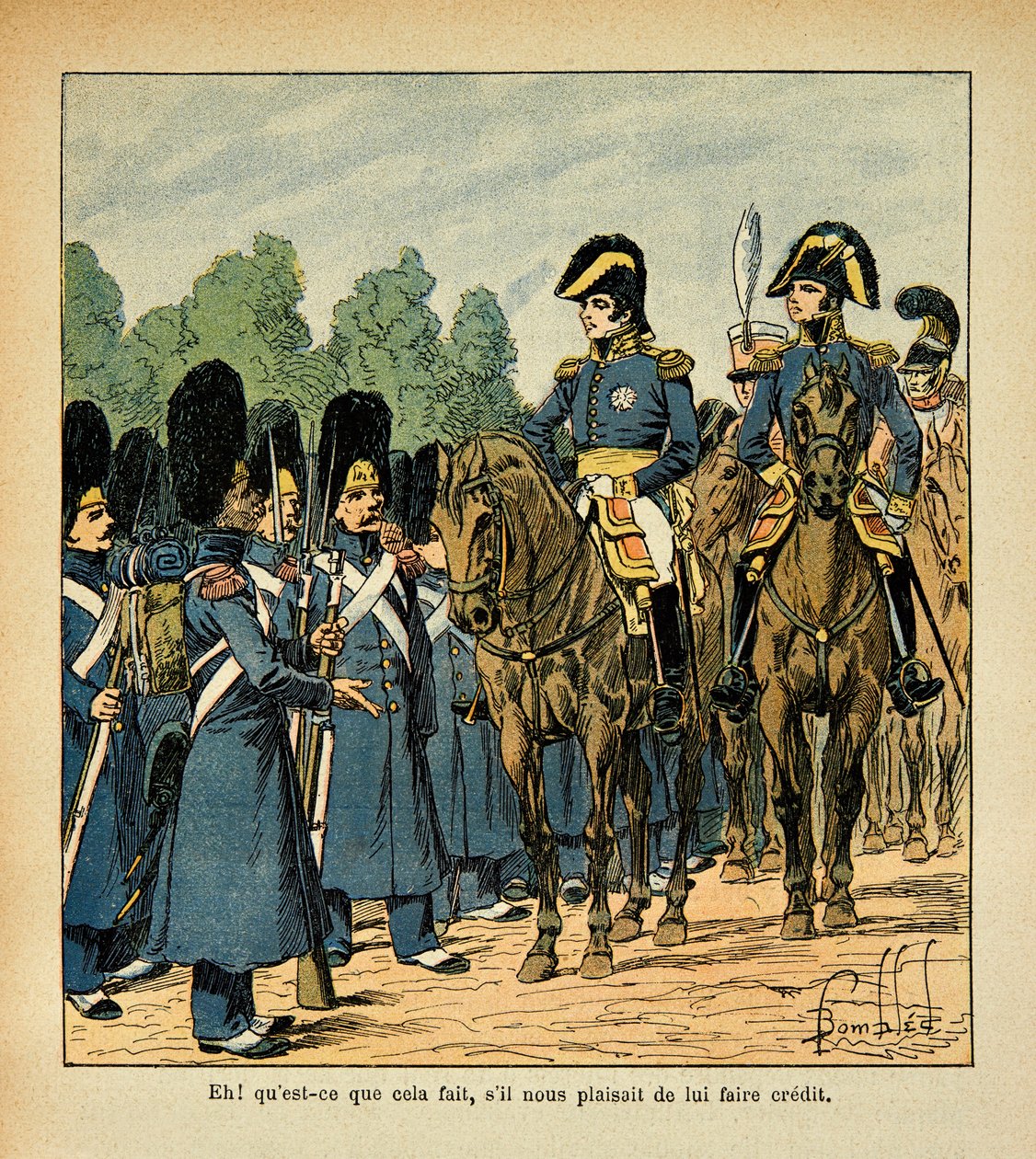 Illustration av Bombled Louis (1862-1927) från boken "The Memorial of Saint Helene" av greve Emmanuel de Las Cases (1766-1842): En grumpy kallar på en officer, privat samling. av Louis Charles Bombled