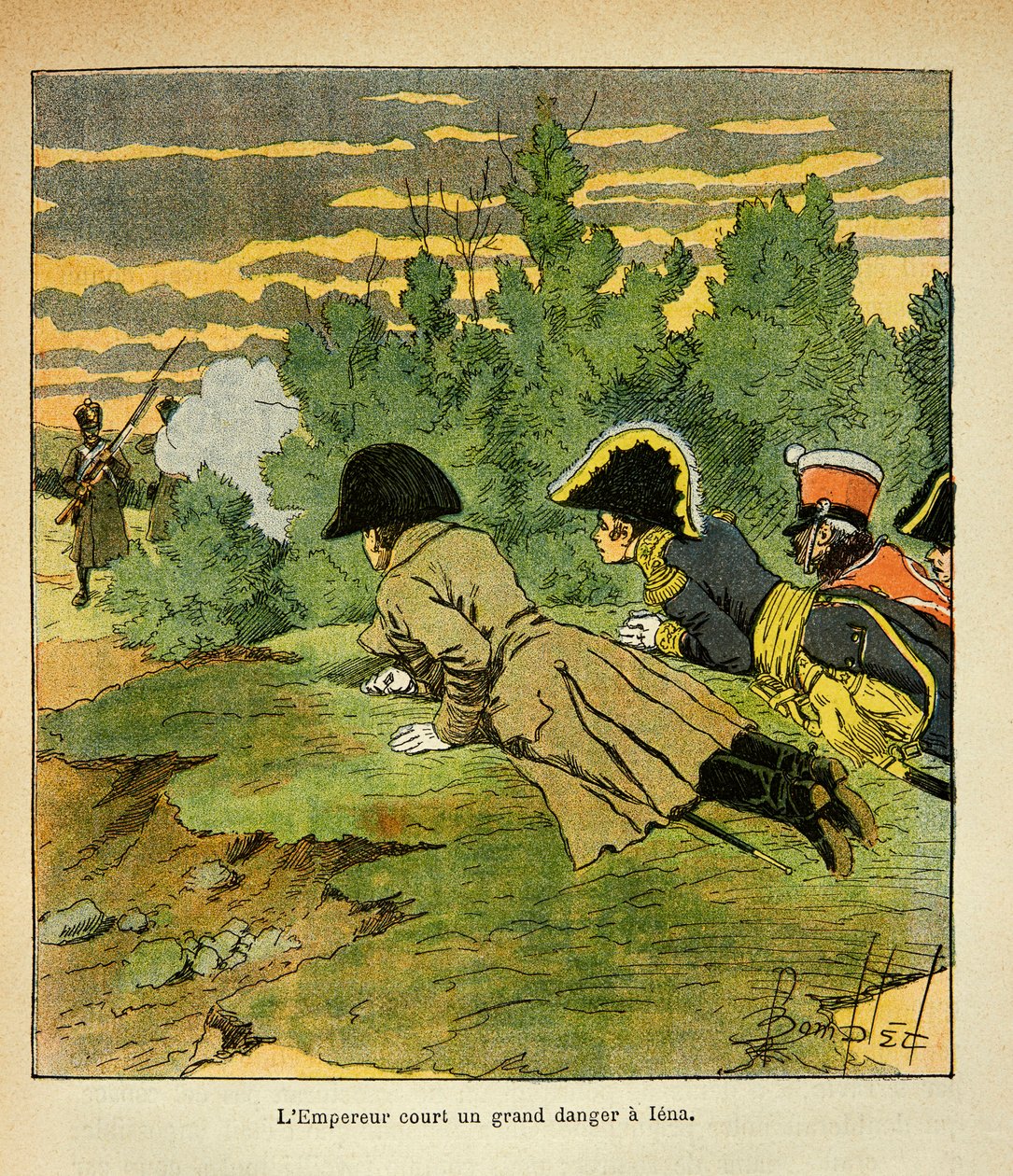 Illustration av Bombled Louis (1862-1927) från boken "The Memorial of Saint Helene" av greve Emmanuel de Las Cases (1766-1842): På kvällen före slaget vid Iena kastar sig kejsar Napoleon, efter att ha upptäckt fiendens linjer, ner när en fransk senti av Louis Charles Bombled