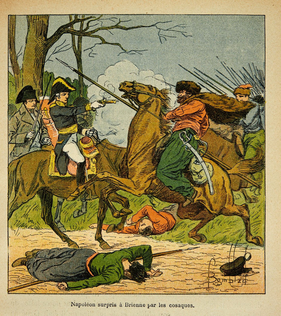 Illustration av Bombled Louis (1862-1927) från boken "The Memorial of Saint Helene" av greve Emmanuel de Las Cases (1766-1842): Napoleon överraskades i Brienne av kosacker, privat samling. av Louis Charles Bombled