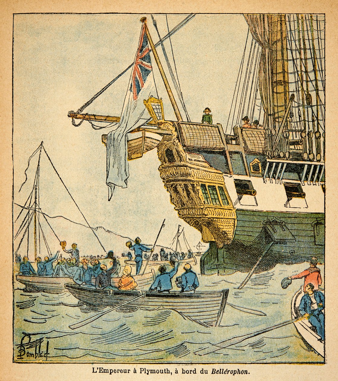 Illustration av Bombled Louis (1862-1927) från boken "The Memorial of Saint Helene" av greve Emmanuel de Las Cases (1766-1842): Kejsar Napoleon ombord på Bellerophon anlände till Plymouth 1815, privat samling. av Louis Charles Bombled