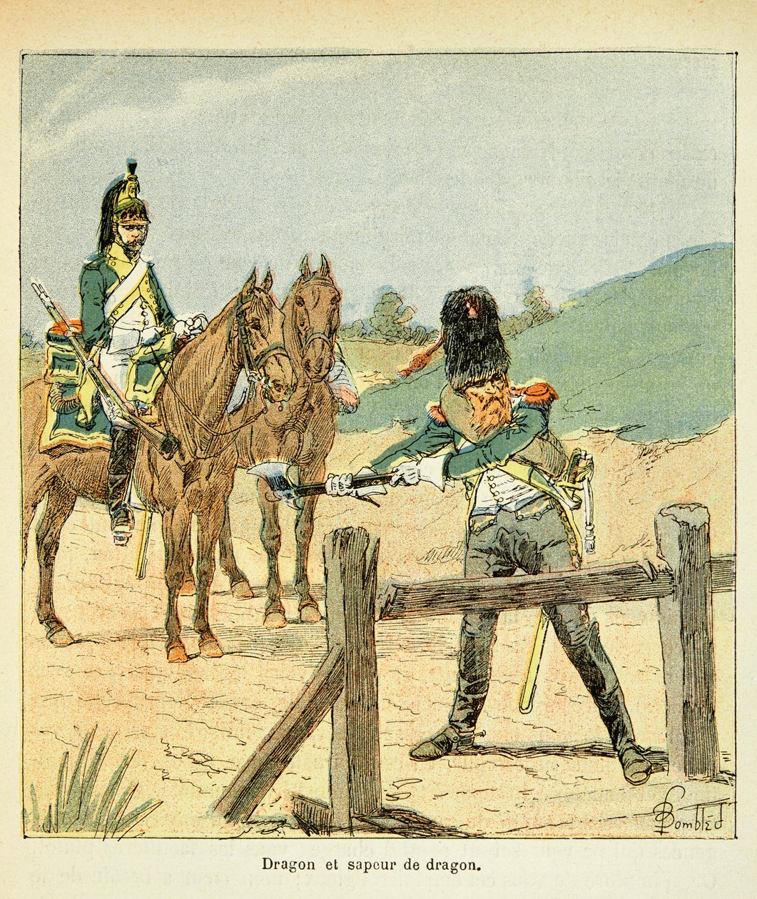 Illustration av Bombled Louis (1862-1927) från boken "The Memorial of Saint Helene" av greve Emmanuel de Las Cases (1766-1842): Franska armén: drake och draksappare, privat samling. av Louis Charles Bombled