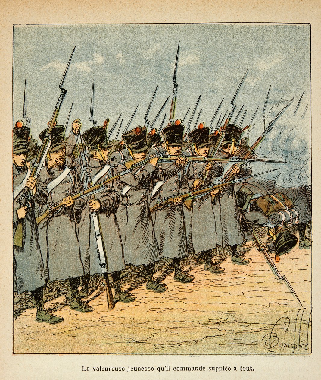 Illustration av Bombled Louis (1862-1927) från boken "The Memorial of Saint Helene" av greve Emmanuel de Las Cases (1766-1842): Fransmännen under slaget vid Lutzen 1813, privat samling av Louis Charles Bombled