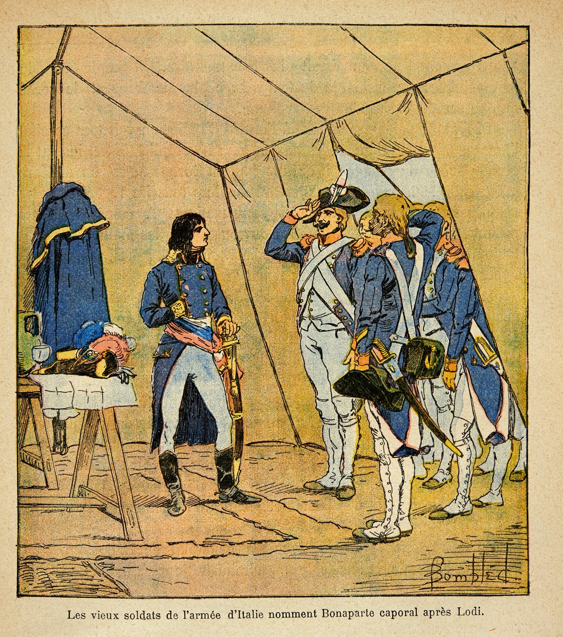 Illustration av Bombled Louis (1862-1927) från boken "The Memorial of Saint Helene" av greve Emmanuel de Las Cases (1766-1842): De gamla soldaterna från den italienska armén utnämnde Bonaparte till korpral efter slaget vid Lodi 1796, menig Samling av Louis Charles Bombled